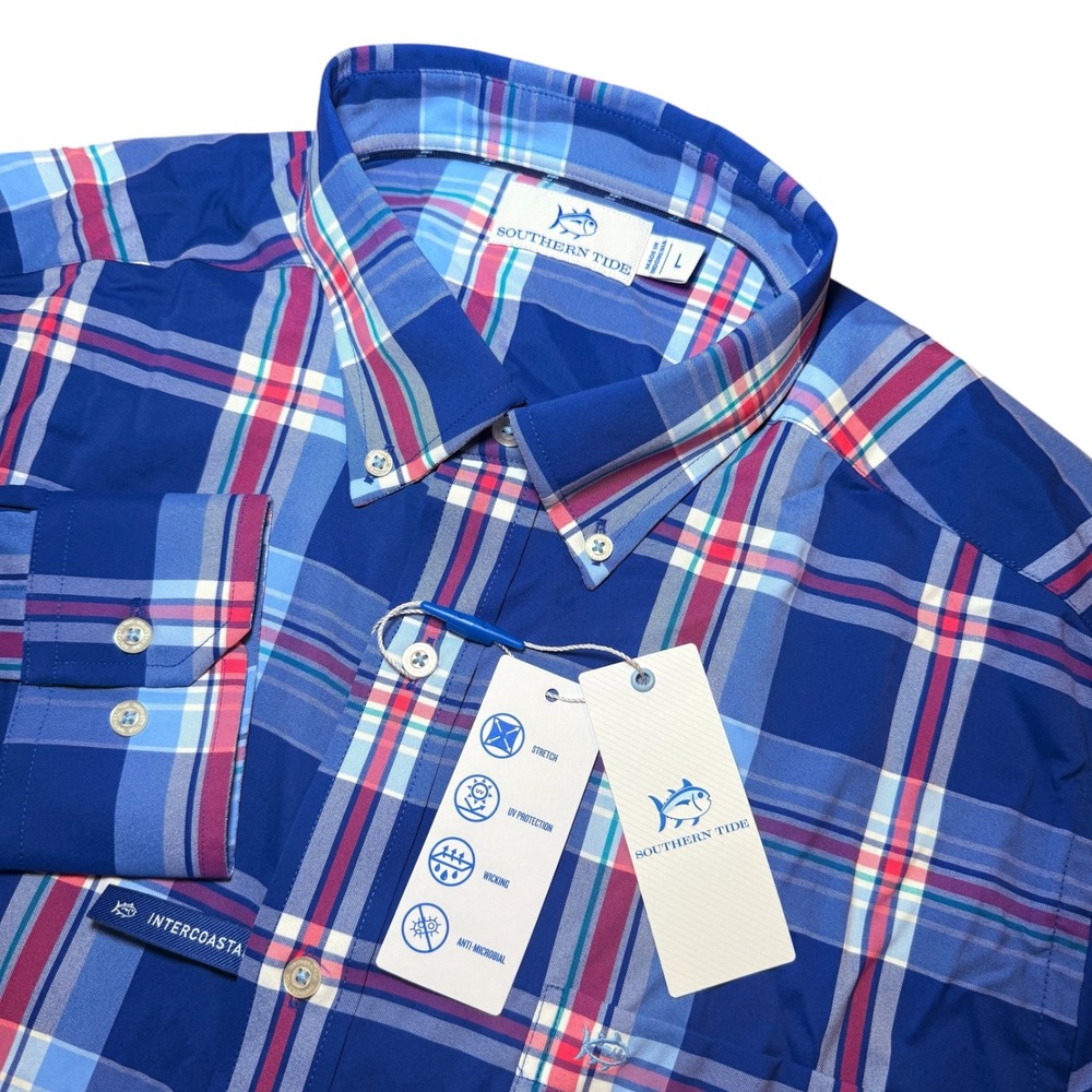 Southern Tide Intercoastal Mens L Blue Plaid Performance Button Down Shirt L/S